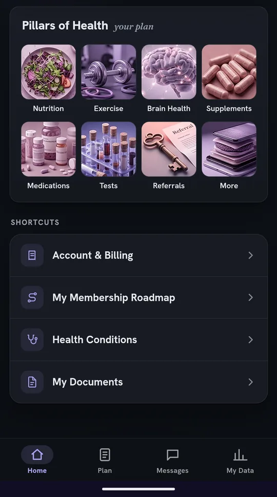The home screen: the plan, with shortcuts to billing, the membership roadmap, health conditions and documents