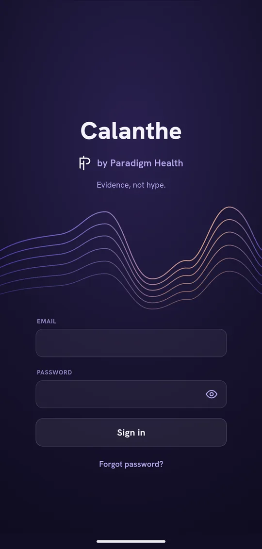 The Calanthe sign-in screen, by Paradigm Health
